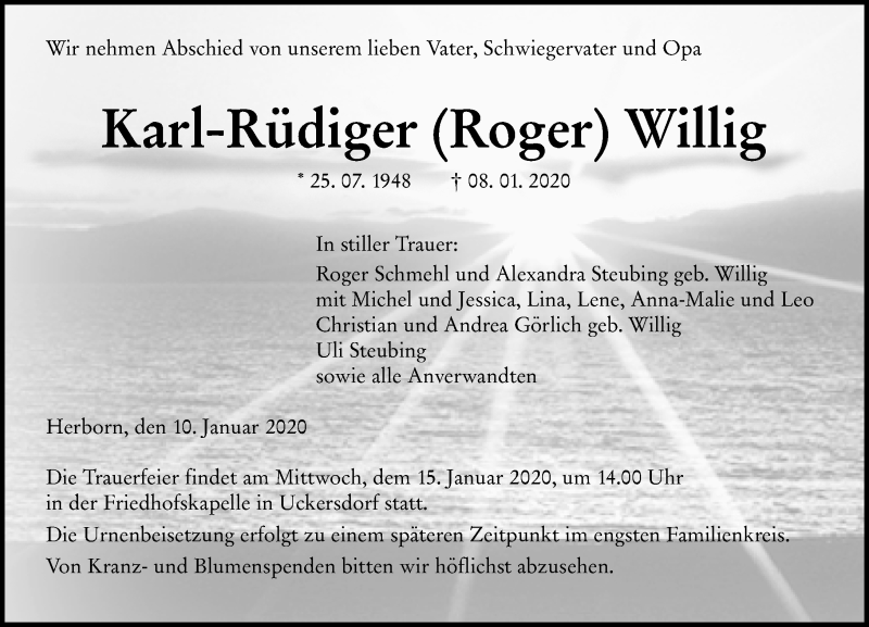  Traueranzeige für Karl-Rüdiger Roger Willig vom 10.01.2020 aus 202 Dill Block