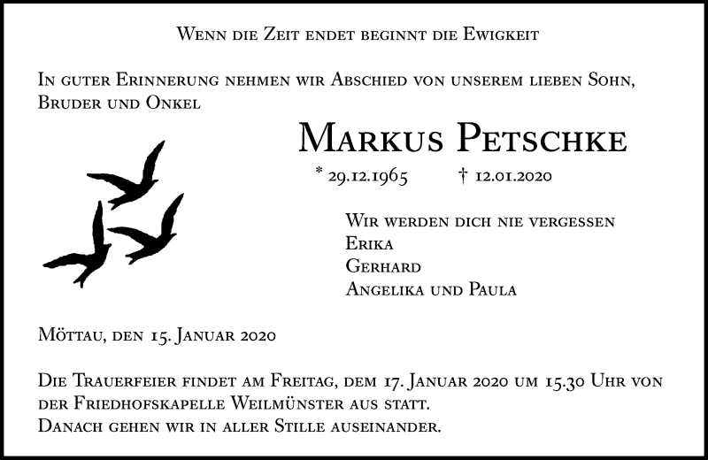  Traueranzeige für Markus Petschke vom 15.01.2020 aus 206 Weilburger Tageblatt