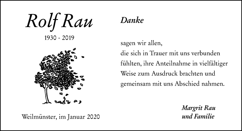  Traueranzeige für Rolf Rau vom 25.01.2020 aus 206 Weilburger Tageblatt