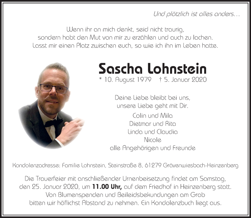  Traueranzeige für Sascha Lohnstein vom 18.01.2020 aus 564 Usinger Anzeiger