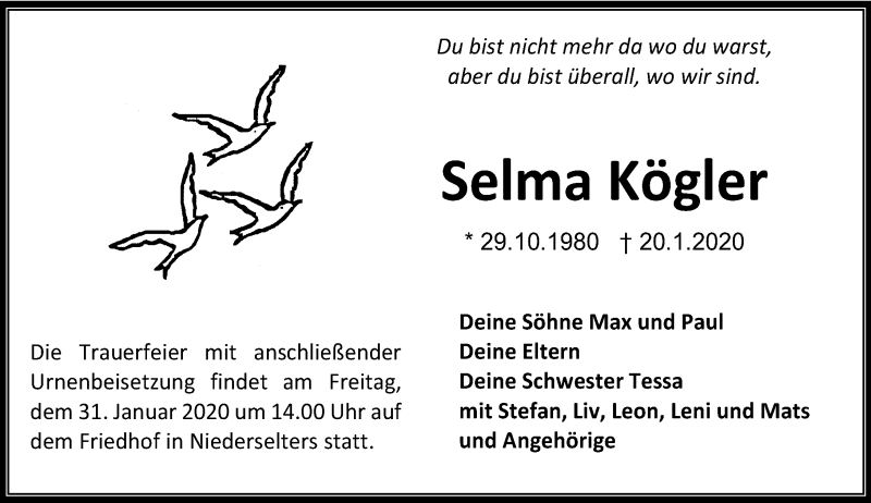  Traueranzeige für Selma Kögler vom 30.01.2020 aus 582 Camberger Anzeiger