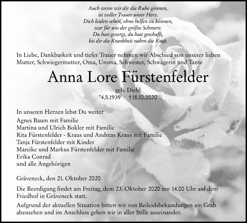  Traueranzeige für Anna Lore Fürstenfelder vom 21.10.2020 aus 206 Weilburger Tageblatt