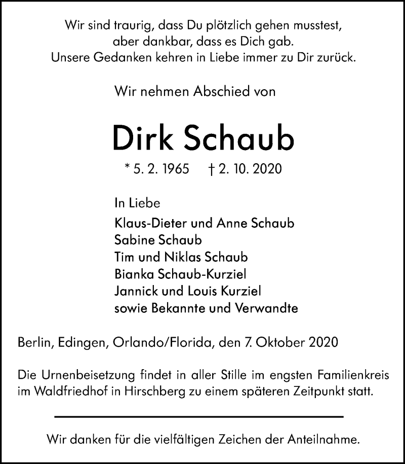  Traueranzeige für Dirk Schaub vom 07.10.2020 aus 202 Dill Block