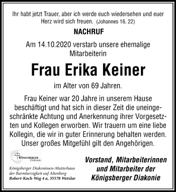 Traueranzeige von Erika Keiner von 201 Wetzlarer Neue Zeitung