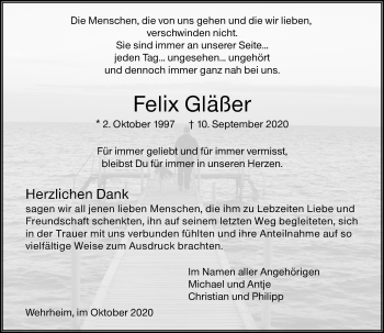 Traueranzeige von Felix Gläßer von 564 Usinger Anzeiger