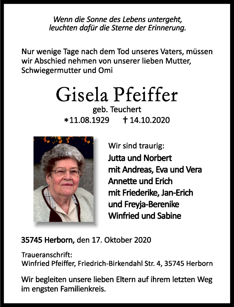 Traueranzeige für Gisela Pfeffer vom 17.10.2020 aus 202 Dill Block