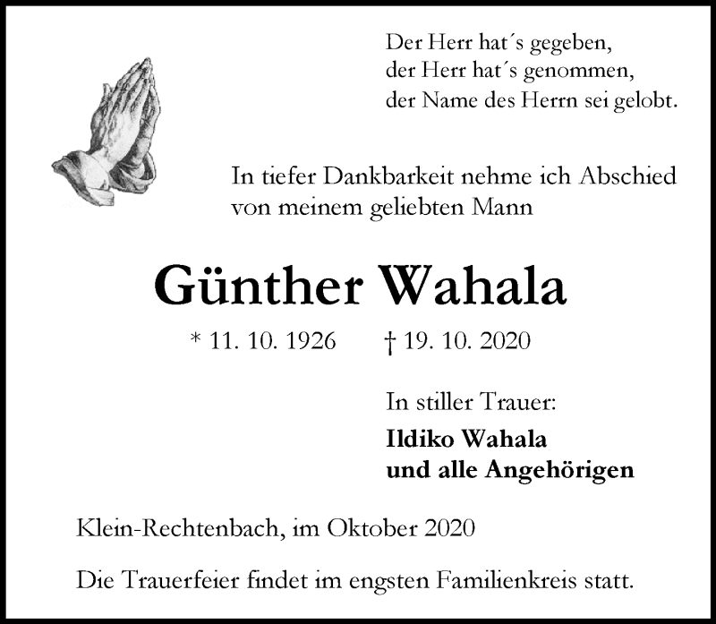  Traueranzeige für Günther Wahala vom 26.10.2020 aus 201 Wetzlarer Neue Zeitung