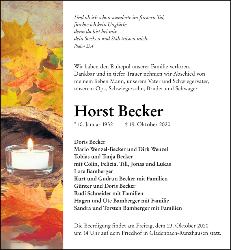  Traueranzeige für Horst Becker vom 21.10.2020 aus 205 Hinterländer Anzeiger