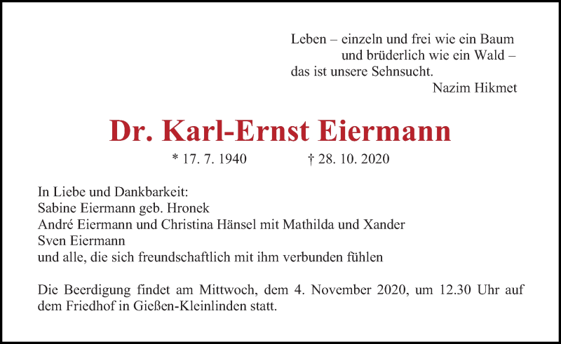  Traueranzeige für Karl-Ernst Eiermann vom 31.10.2020 aus 201 Wetzlarer Neue Zeitung