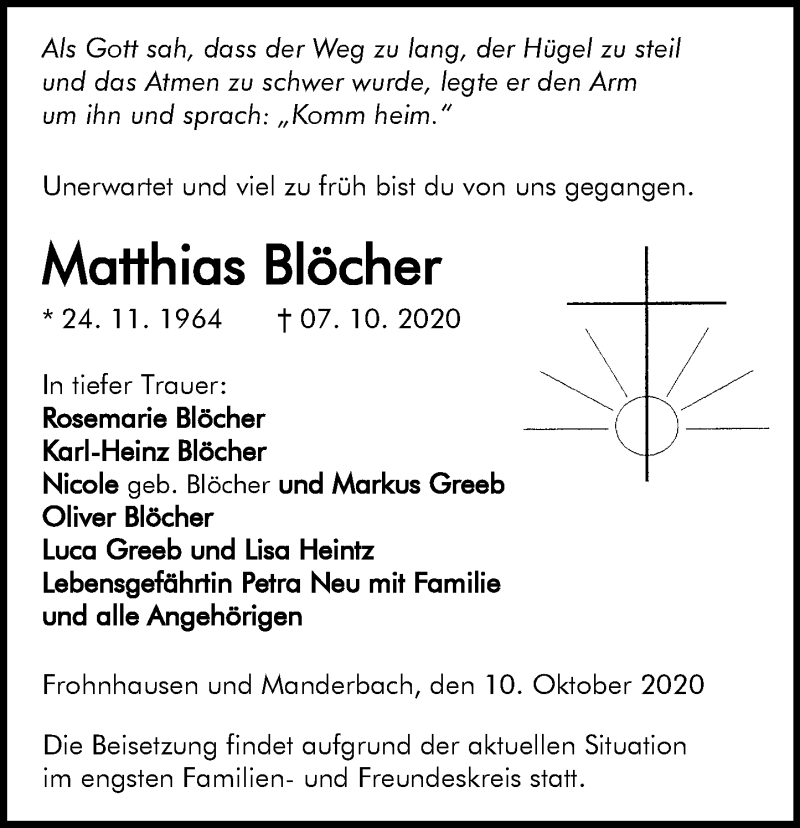  Traueranzeige für Matthias Blöcher vom 10.10.2020 aus 202 Dill Block