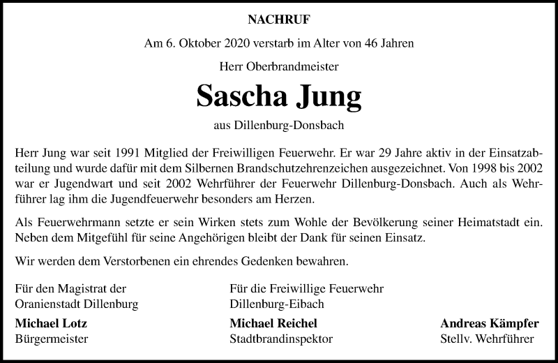  Traueranzeige für Sascha Jung vom 10.10.2020 aus 202 Dill Block