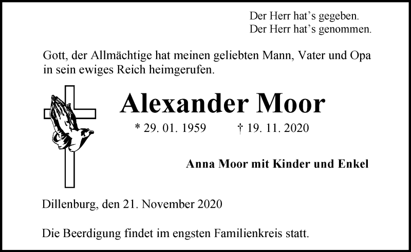  Traueranzeige für Alexander Moor vom 21.11.2020 aus 202 Dill Block