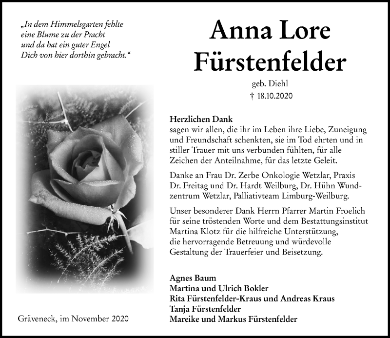  Traueranzeige für Anna Lore Fürstenfelder vom 21.11.2020 aus 206 Weilburger Tageblatt