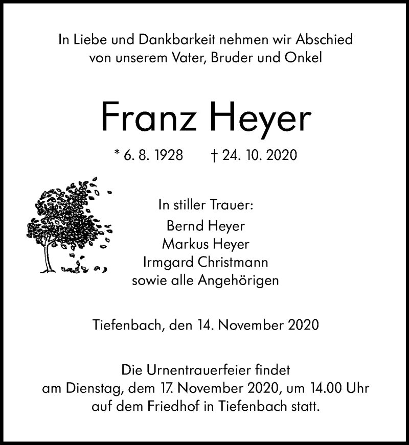  Traueranzeige für Franz Heyer vom 14.11.2020 aus 201 Wetzlarer Neue Zeitung