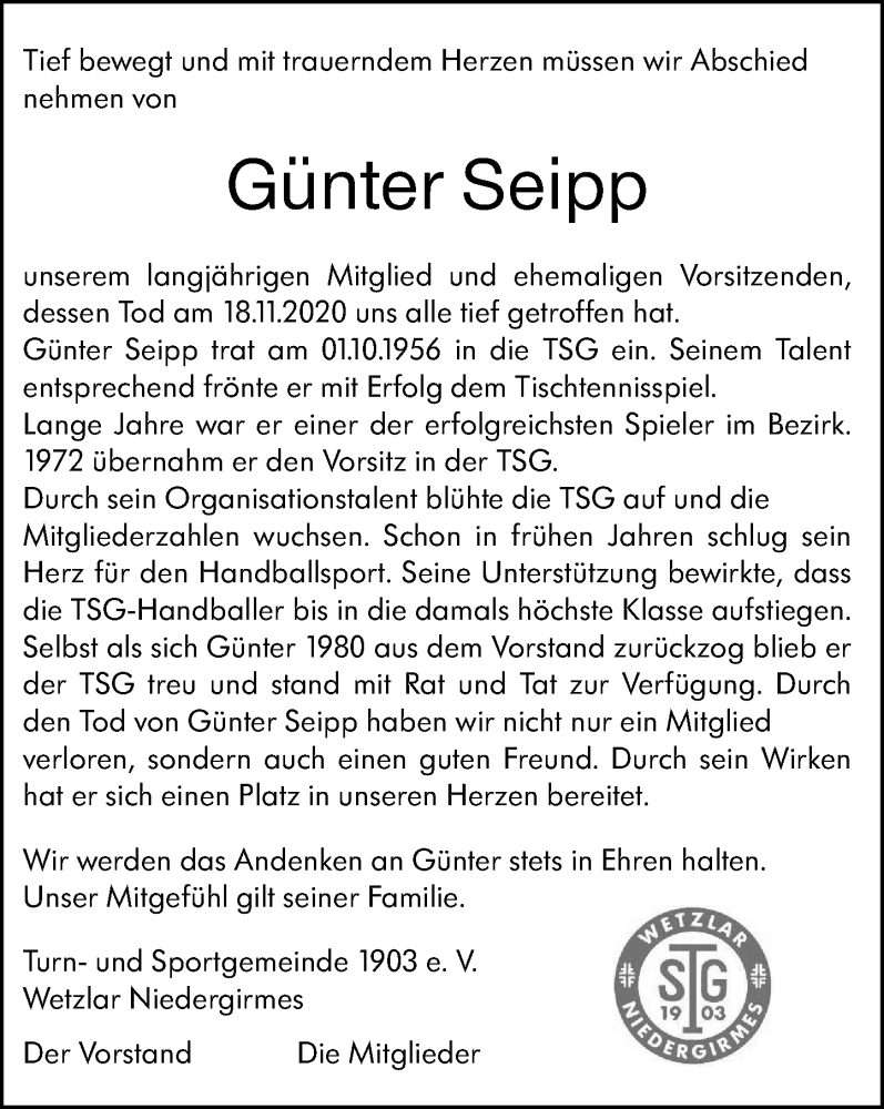  Traueranzeige für Günter Seipp vom 25.11.2020 aus 201 Wetzlarer Neue Zeitung