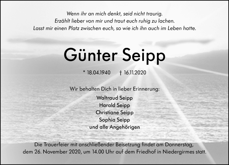  Traueranzeige für Günter Seipp vom 21.11.2020 aus 201 Wetzlarer Neue Zeitung