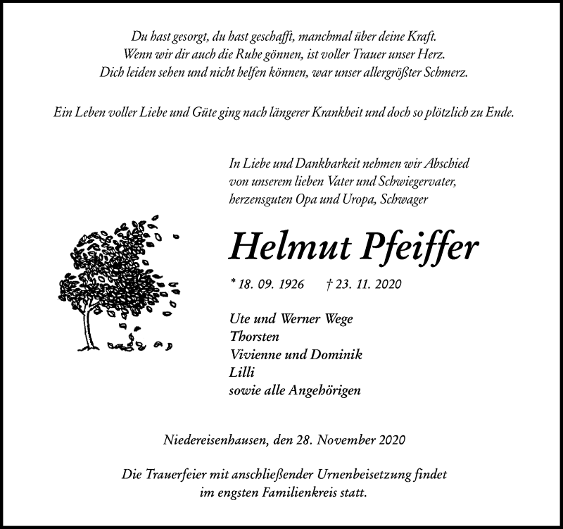  Traueranzeige für Helmut Pfeiffer vom 28.11.2020 aus 205 Hinterländer Anzeiger