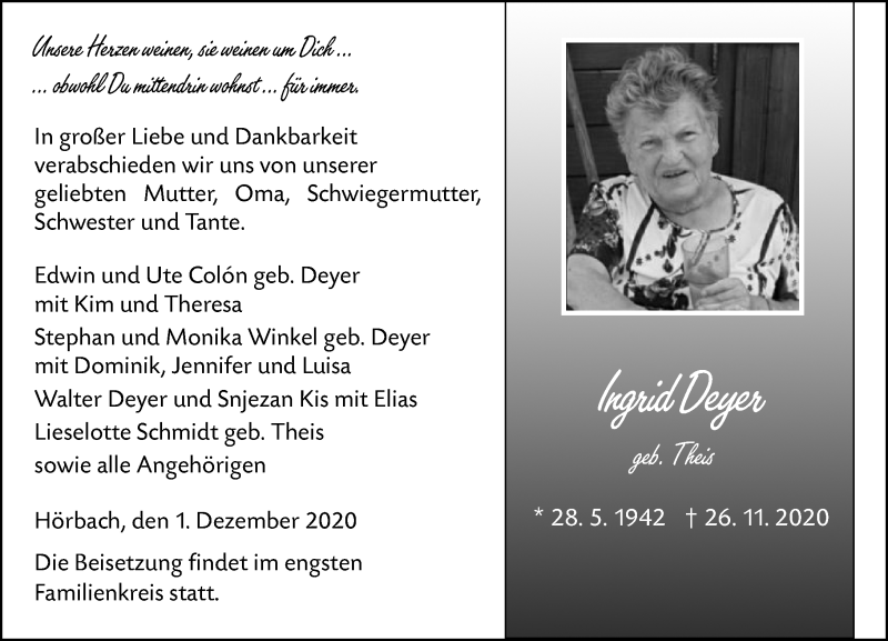  Traueranzeige für Ingrid Deyer vom 01.12.2020 aus 202 Dill Block