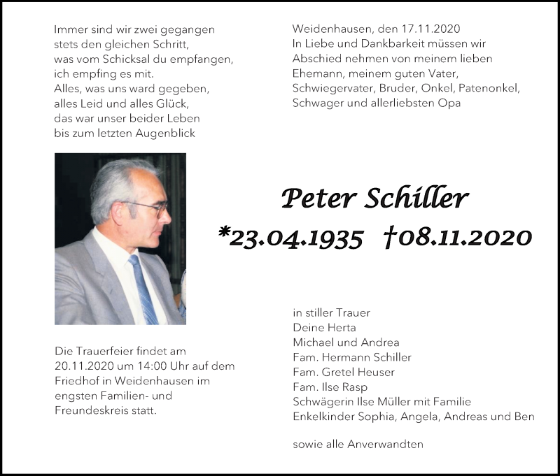  Traueranzeige für Peter Schiller vom 17.11.2020 aus 205 Hinterländer Anzeiger