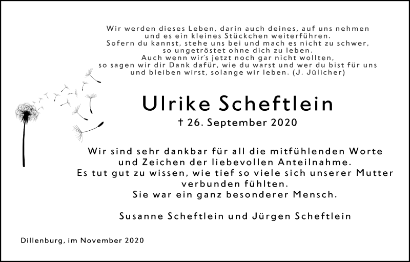  Traueranzeige für Ulrike Scheftlein vom 14.11.2020 aus 202 Dill Block