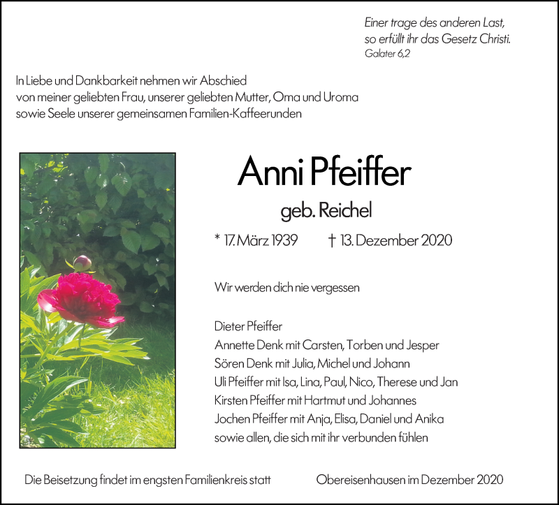  Traueranzeige für Anni Pfeiffer vom 15.12.2020 aus 205 Hinterländer Anzeiger