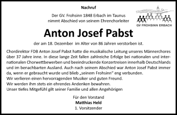 Traueranzeige von Anton Josef Pabst von 582 Camberger Anzeiger