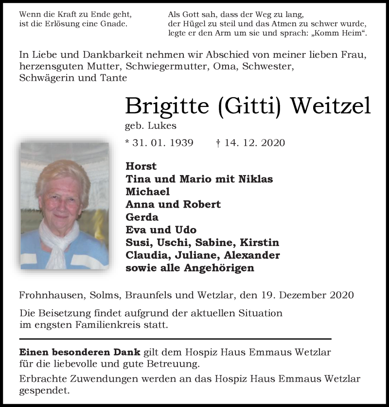  Traueranzeige für Brigitte  Weitzel vom 19.12.2020 aus 202 Dill Block