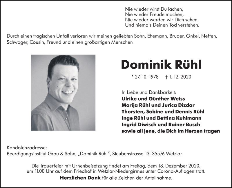  Traueranzeige für Dominik Rühl vom 12.12.2020 aus 202 Dill Block