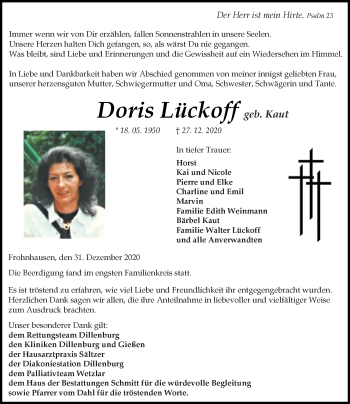 Traueranzeige von Doris Lückoff von 202 Dill Block