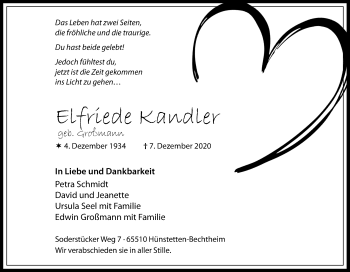 Traueranzeige von Elfriede Kandler von 582 Camberger Anzeiger