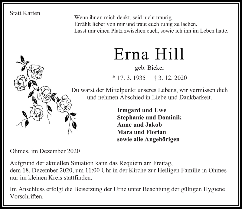  Traueranzeige für Erna Hill vom 15.12.2020 aus VRM Trauer