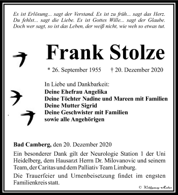 Traueranzeige von Frank Stolze von 582 Camberger Anzeiger