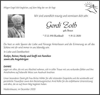 Traueranzeige von Gerdi Zoth von 206 Weilburger Tageblatt