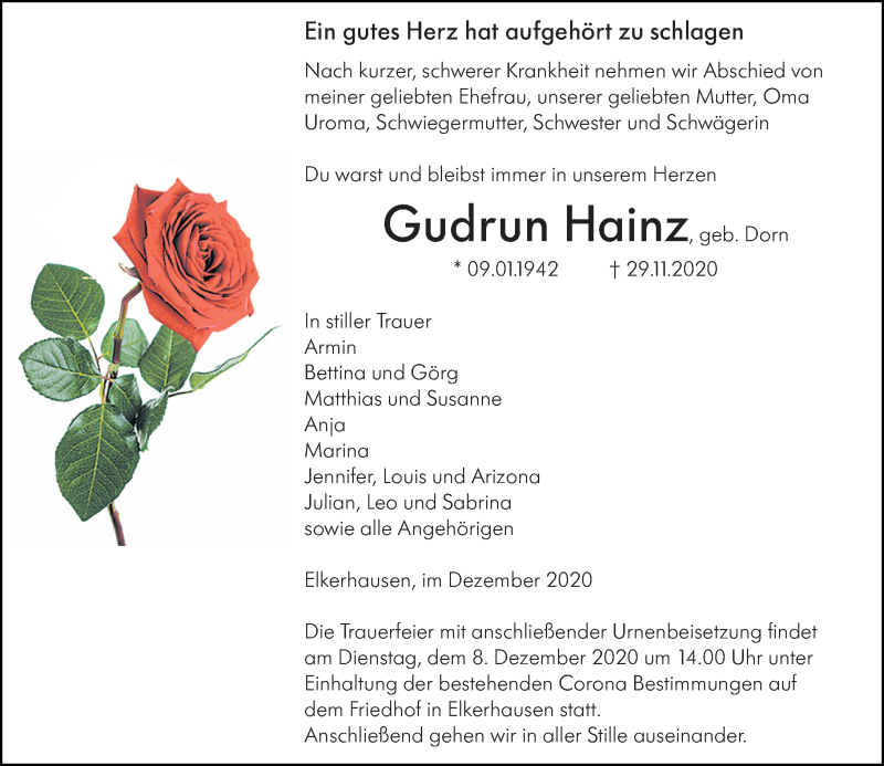  Traueranzeige für Gudrun Hainz vom 04.12.2020 aus 206 Weilburger Tageblatt