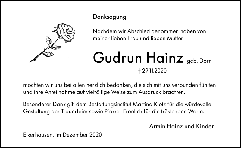  Traueranzeige für Gudrun Hainz vom 19.12.2020 aus 206 Weilburger Tageblatt
