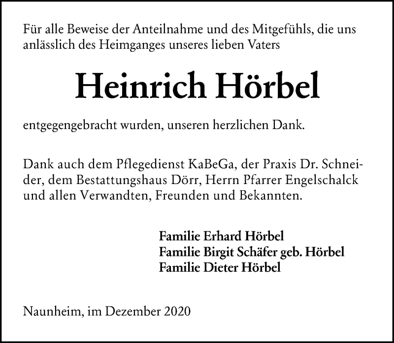  Traueranzeige für Heinrich Hörbel vom 19.12.2020 aus 201 Wetzlarer Neue Zeitung
