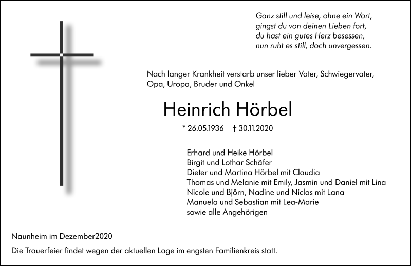  Traueranzeige für Heinrich Hörbel vom 05.12.2020 aus 201 Wetzlarer Neue Zeitung