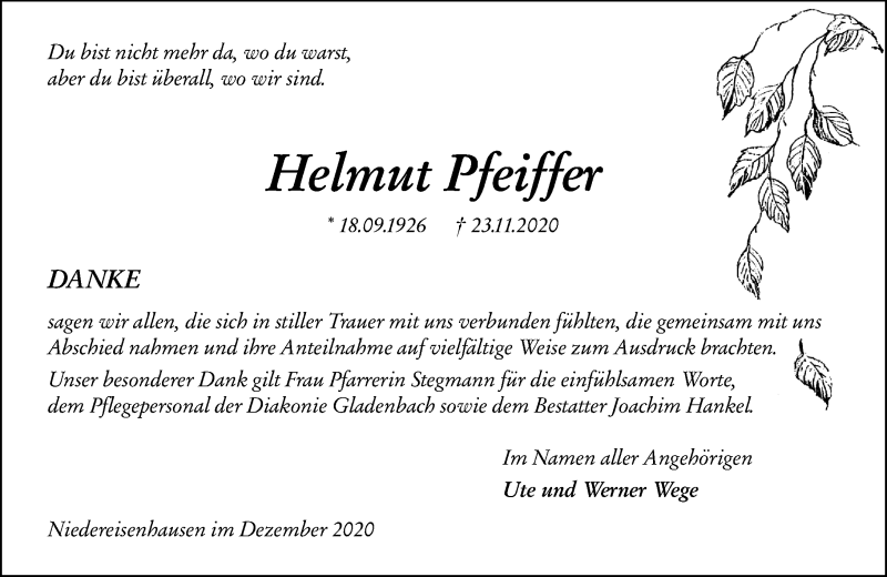  Traueranzeige für Helmut Pfeiffer vom 19.12.2020 aus 205 Hinterländer Anzeiger