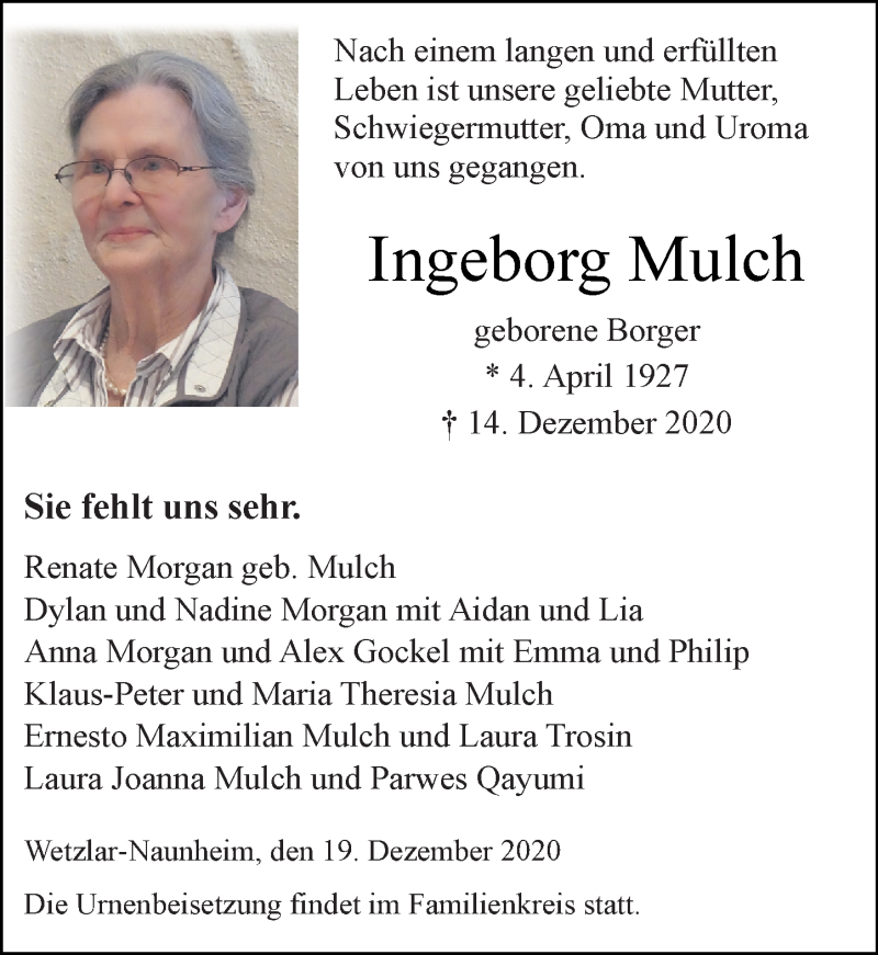  Traueranzeige für Ingeborg Mulch vom 19.12.2020 aus 201 Wetzlarer Neue Zeitung