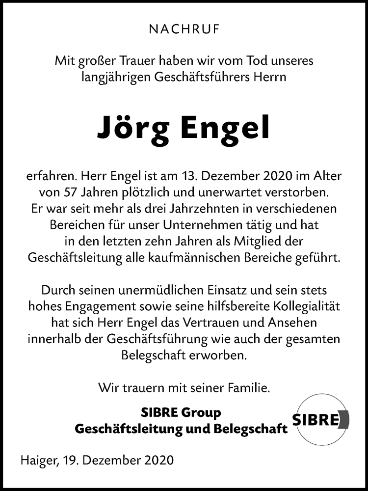  Traueranzeige für Jörg Engel vom 19.12.2020 aus 202 Dill Block