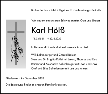 Traueranzeige von Karl Hölß von 201 Wetzlarer Neue Zeitung