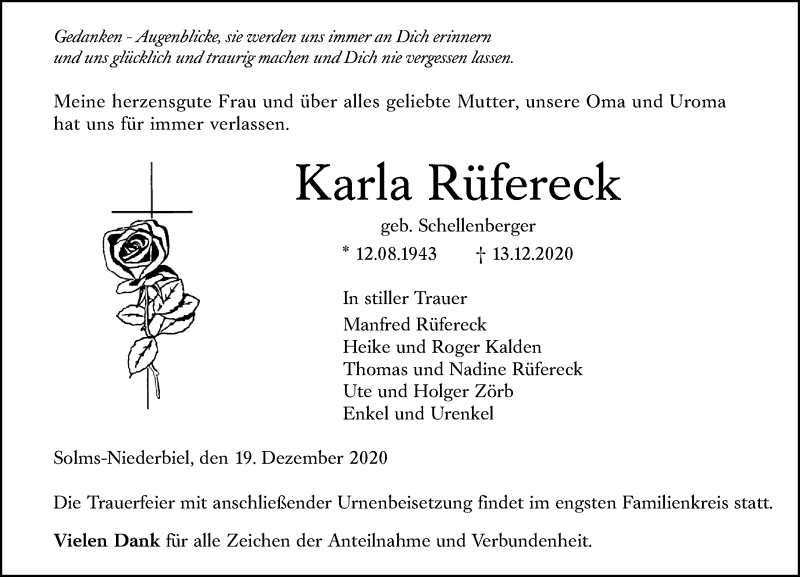  Traueranzeige für Karla Rüfereck vom 19.12.2020 aus 201 Wetzlarer Neue Zeitung