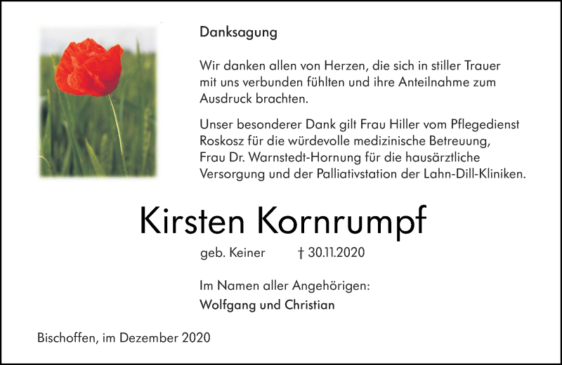  Traueranzeige für Kirsten Kornrumpf vom 19.12.2020 aus 201 Wetzlarer Neue Zeitung