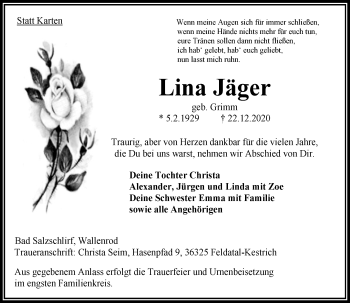 Traueranzeige von Lina Jäger von 562 Lauterbacher Anzeiger