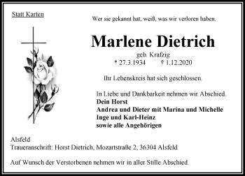 Traueranzeige von Marlene Dietrich Dietrich von 563 Oberhessische Zeitung