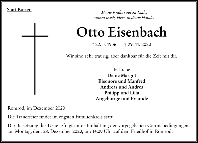  Traueranzeige für Otto Eisenbach vom 03.12.2020 aus VRM Trauer