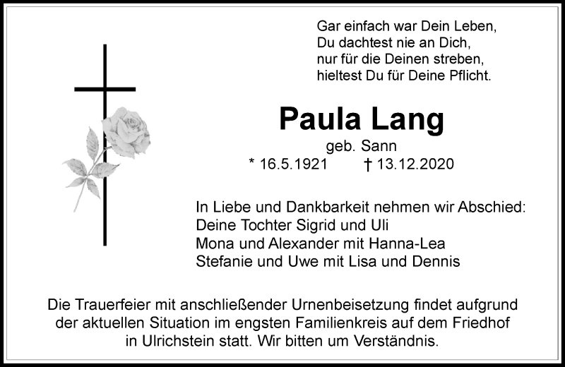  Traueranzeige für Paula Lang vom 19.12.2020 aus 562 Lauterbacher Anzeiger