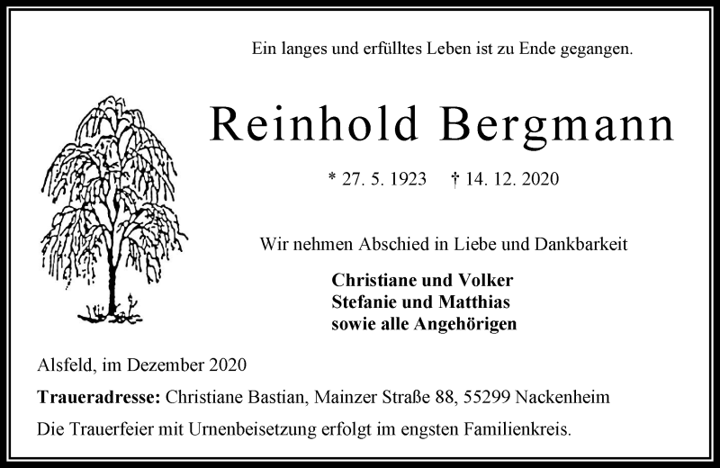 Traueranzeige für Reinhold Bergmann vom 19.12.2020 aus 563 Oberhessische Zeitung