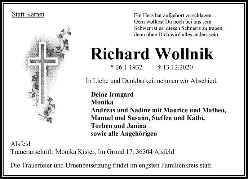  Traueranzeige für Richard Wollnik vom 16.12.2020 aus 563 Oberhessische Zeitung