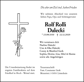 Traueranzeige von Rolf Dalecki von 206 Weilburger Tageblatt